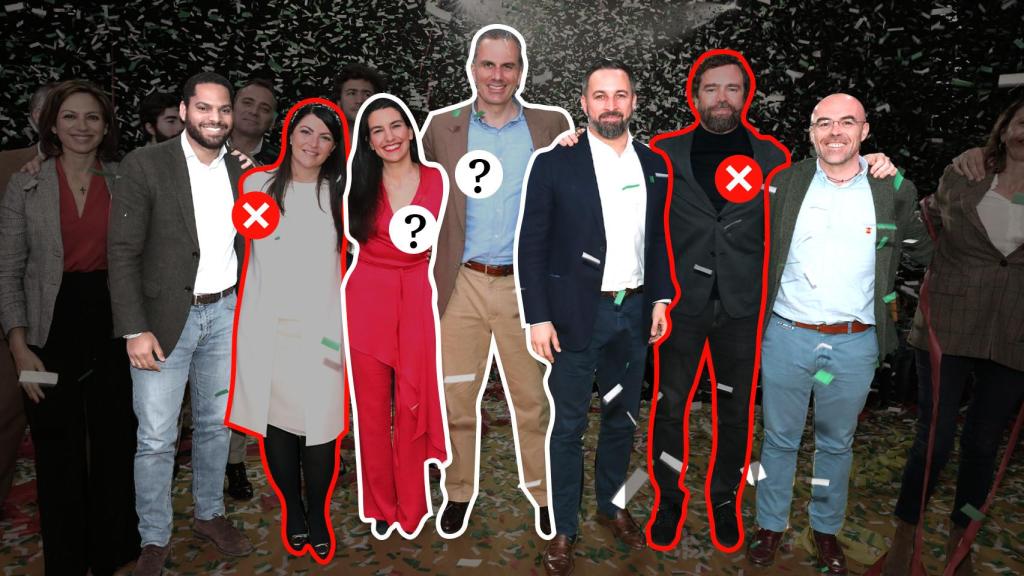 De izquierda a derecha, en 2019: Garriga, Olona, Monasterio, Ortega, Abascal, Espinosa y Buxadé.