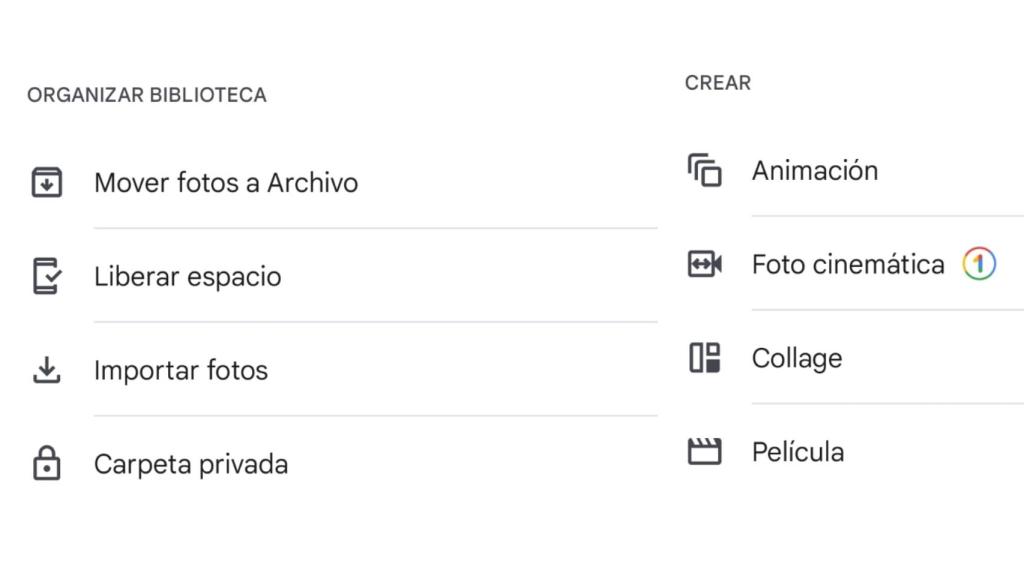Opciones de organización en Google Fotos