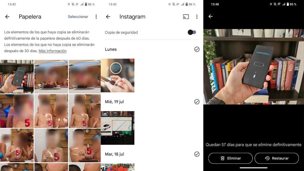 Papelera en Google Fotos