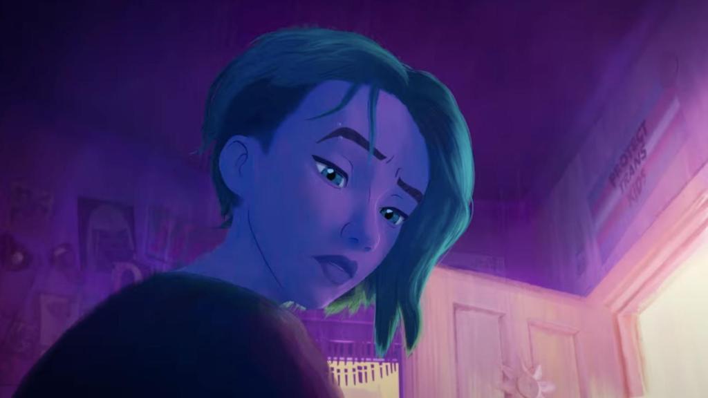 La escena que muestra una bandera que anima a Proteger las vidas de las personas trans