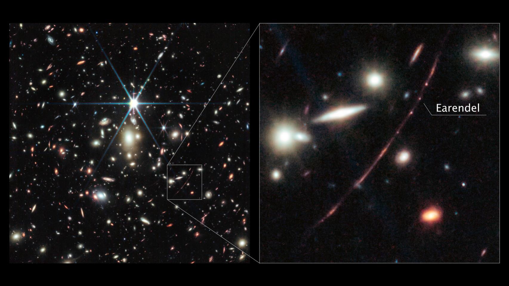 Montaje con la imagen del cúmulo de galaxias y Eärendel.