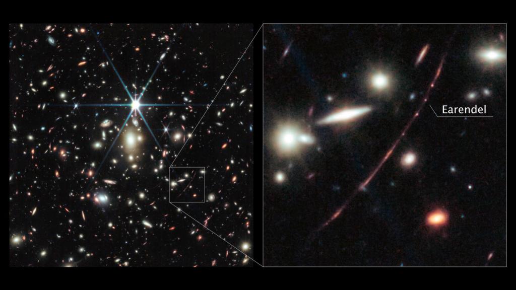 Montaje con la imagen del cúmulo de galaxias y Eärendel.
