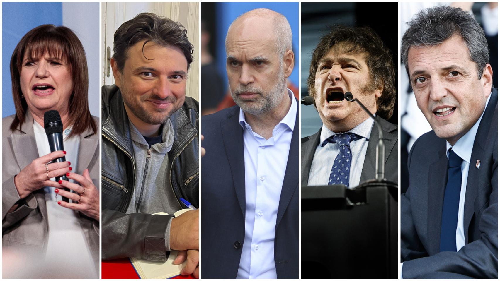 Los aspirantes a la presidencia: Patricia Bullrich, Juan Grabois, Horacio Rodríguez Larreta, Javier Milei y Sergio Massa.