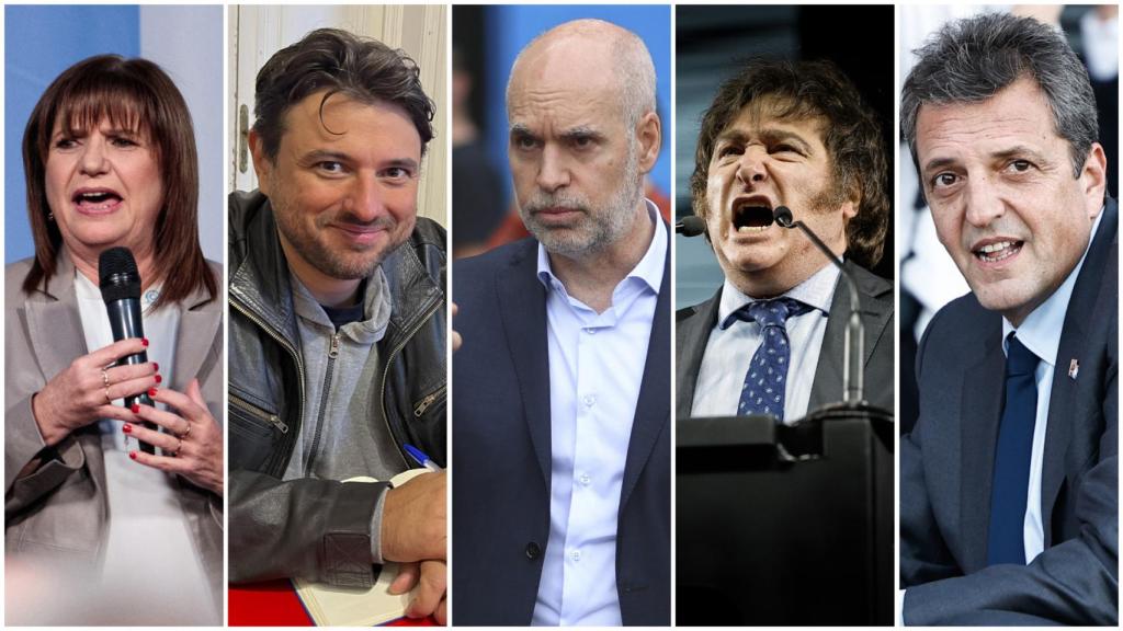 Los aspirantes a la presidencia: Patricia Bullrich, Juan Grabois, Horacio Rodríguez Larreta, Javier Milei y Sergio Massa.
