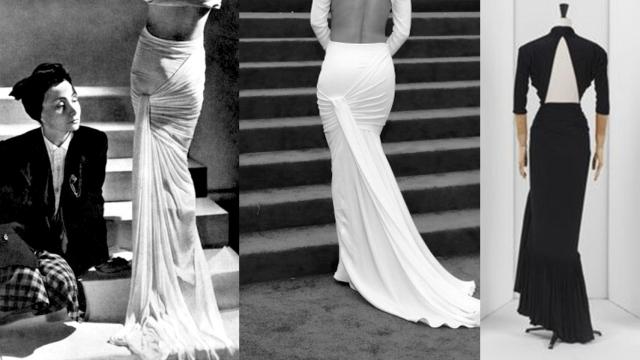 Madame Grès junto a uno de sus diseños y una copia reciente del mismo.