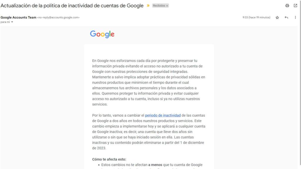 Google ya está enviando correos que avisan del cierre de cuentas