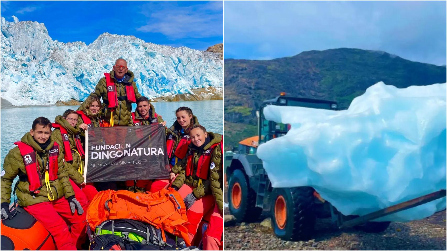 A la izquierda, los miembros de la expedición 'Desafío Ártico'. A la derecha, el iceberg.