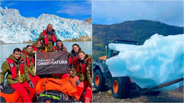 A la izquierda, los miembros de la expedición 'Desafío Ártico'. A la derecha, el iceberg.