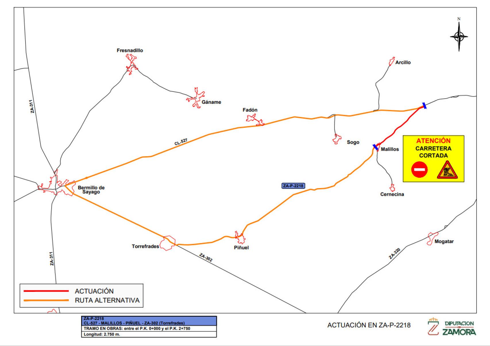 Mapa de las rutas alternativas por las obras en la ZA-P-2218