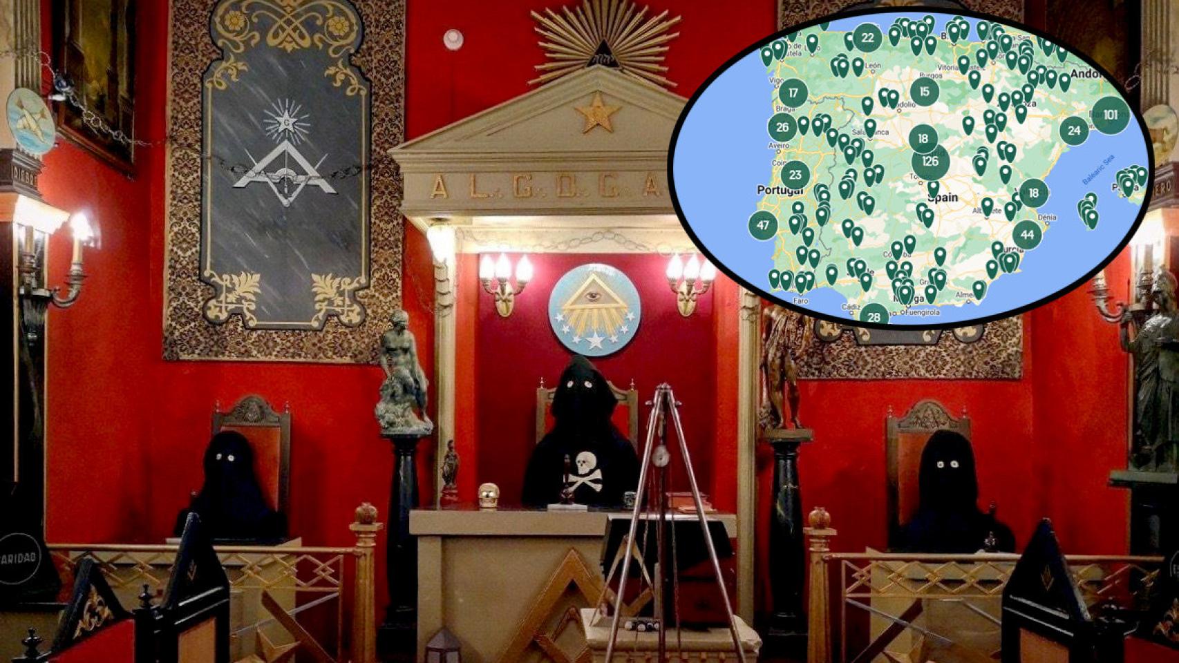Montaje con la sala de la masonería del Museo de la Memoría Histórica de Salamanca y el mapa de Atlas Obscura