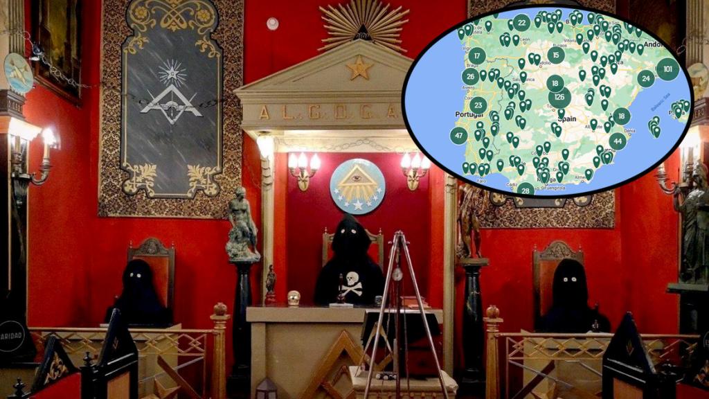 Montaje con la sala de la masonería del Museo de la Memoría Histórica de Salamanca y el mapa de Atlas Obscura