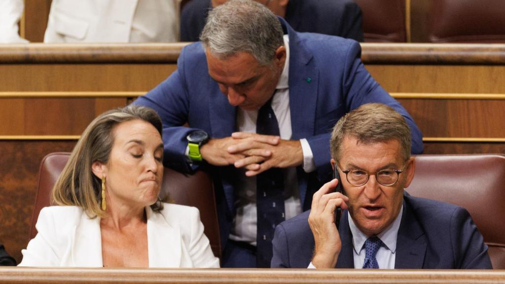 Cuca Gamarra, Elías Bendodo y Alberto Núñez Feijóo, en la constitución del Congreso