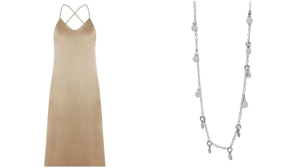 Vestido Silk Arama gold, de Koahari, por 265 euros y collar de Customima por 29 euros.