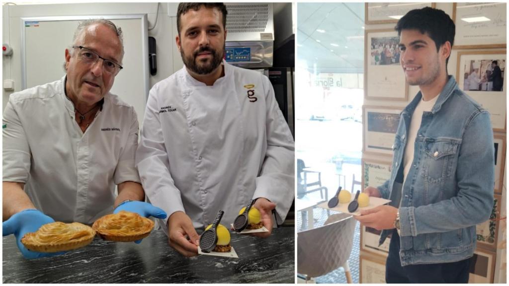 Andrés Mármol, padre e hijo, mostrando algunos de los productos más famosos de la pastelería La Gloria de Andrés Mármol, situada en El Palmar, y de la que es cliente el número 1 de la ATP: Carlos Alcaraz.