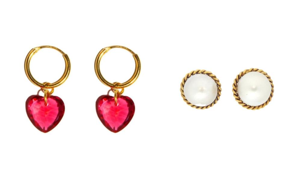 Pendientes de aritos corazones piedra rosa, de Lausett, por 7,99 euros. Pendientes Perla, de Joyas Antiguas Sardinero, por 950.