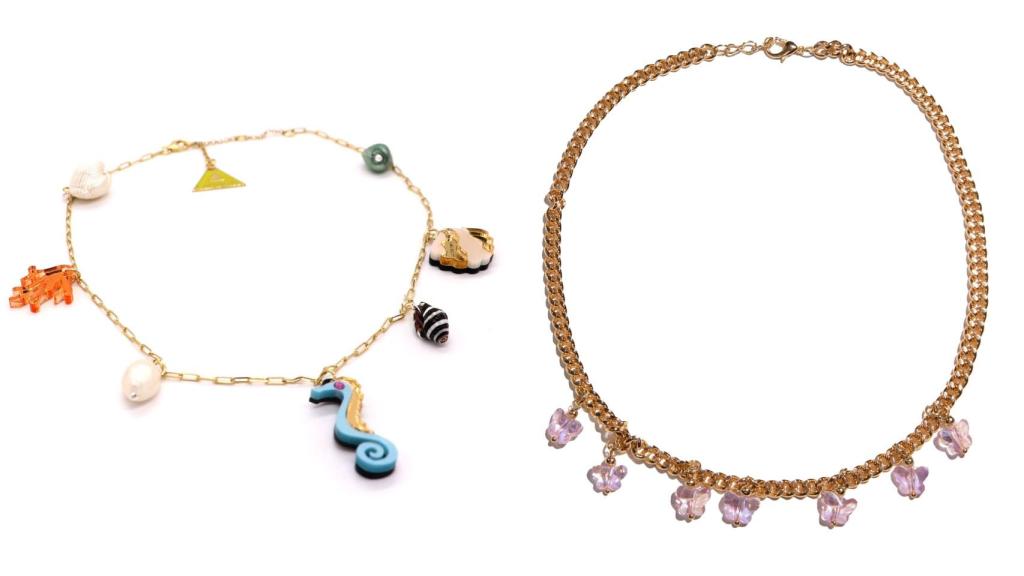 Cadena Marina, de Lausett, por 99 euros.  Collar eslabones y piedras rosa, de Joys, por 6,99.