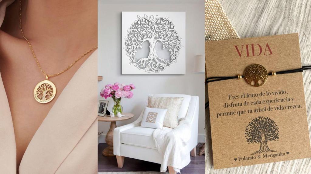 De izquierda a derecha, colgante de Myka, marco decorativo de Estudio Delier y pulsera de Fulanito y Menganita.