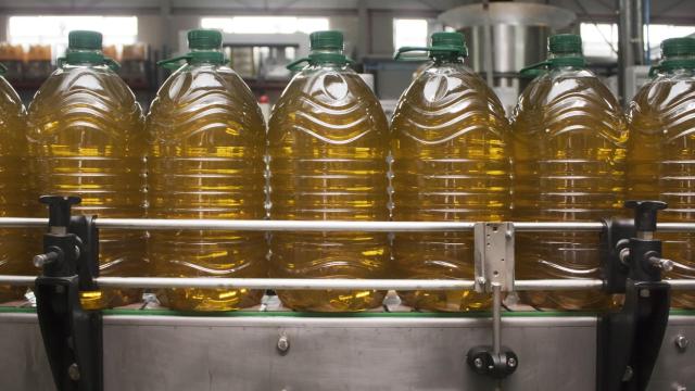 Garrafas de plástico llenas de aceite de oliva.