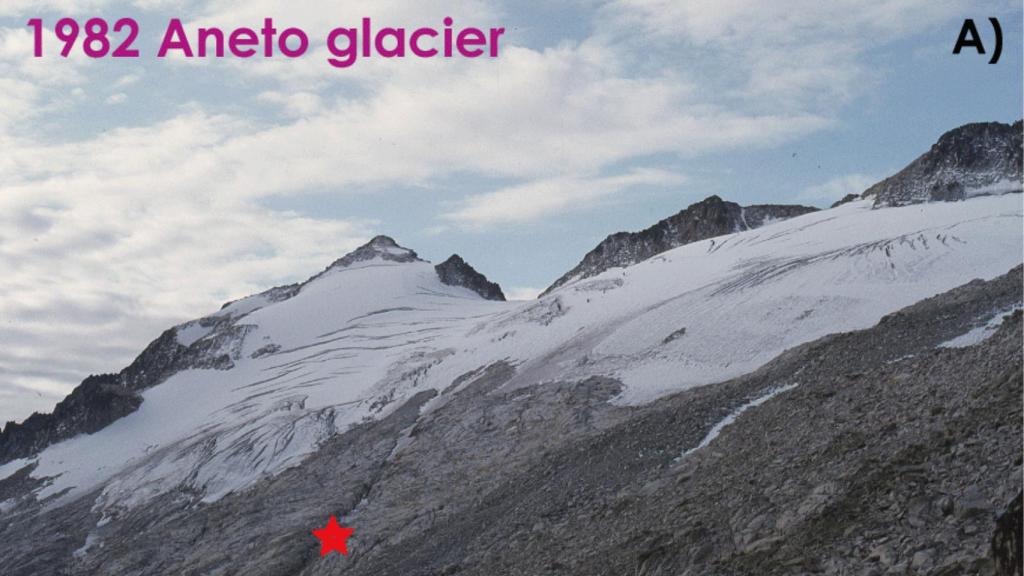 El glaciar Aneto en 1982. El punto marcado con una estrella sirve de referencia a la extensión.