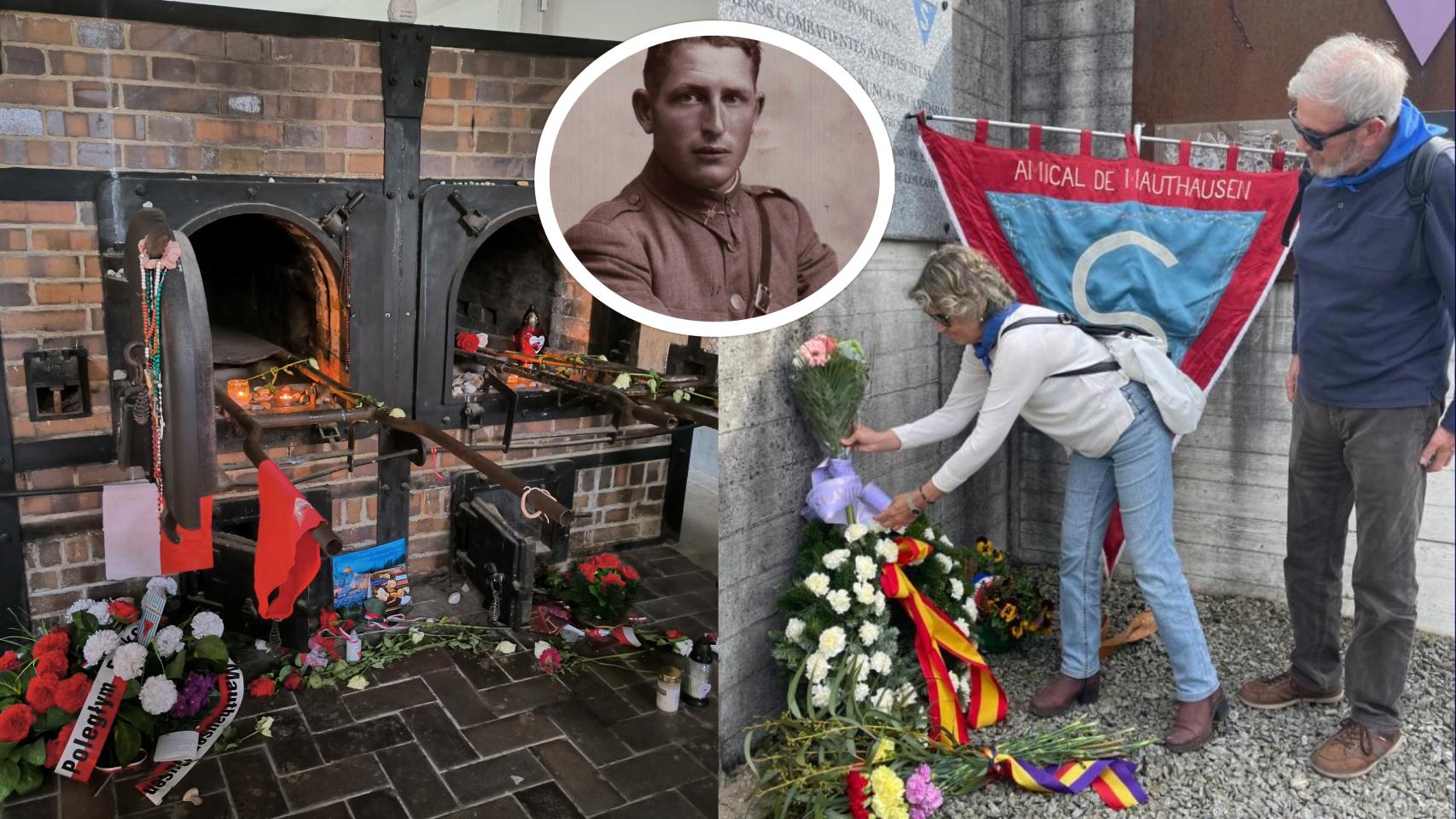 Imagen de Juan Álvarez, junto a su sobrina colocando flores junto a la placa del memorial de Gusen, donde murió su tío