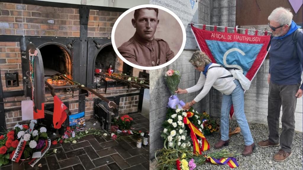 Imagen de Juan Álvarez, junto a su sobrina colocando flores junto a la placa del memorial de Gusen, donde murió su tío