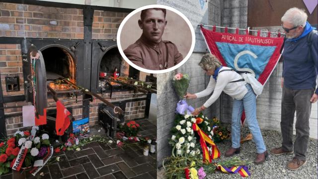 Imagen de Juan Álvarez, junto a su sobrina colocando flores junto a la placa del memorial de Gusen, donde murió su tío