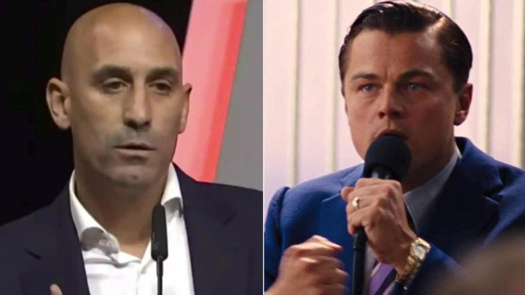 Rubiales este viernes y fotograma de la escena de 'El lobo de Wall Street'.