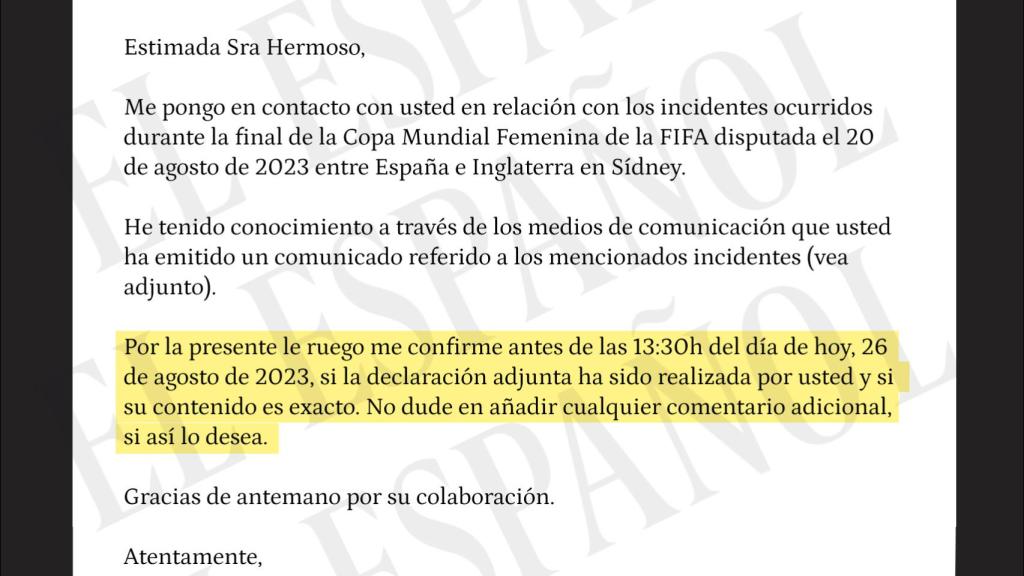 Carta de la FIFA a Jenni Hermoso