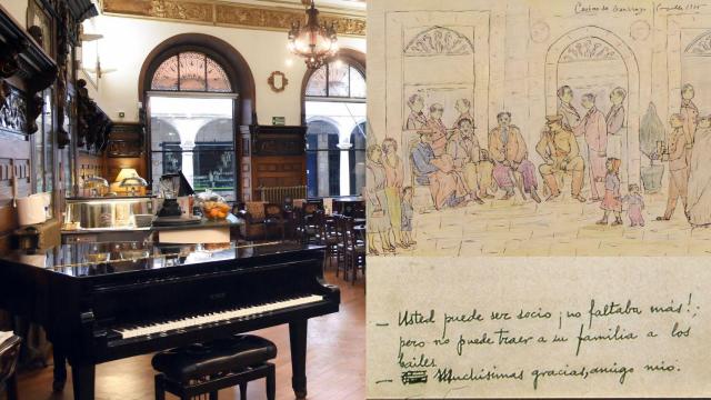Interior del Café Casino y dibujos de ‘Cousas do Casino’ (Castelano, 1936).