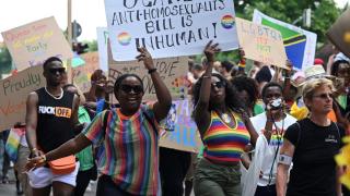 Several Ugandan demonstrators protest against Uganda's anti-LGBTI law at Munich Pride in June.