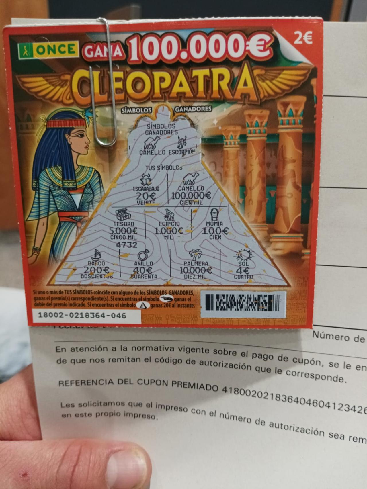 El Rasca Cleopatra de la ONCE con el que Isabel ha ganado 100.000 euros.