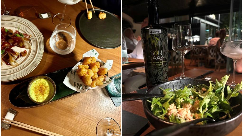 Dim sum de jamón ibérico, tempura de gambas y ensalada de cangrejo de nieve