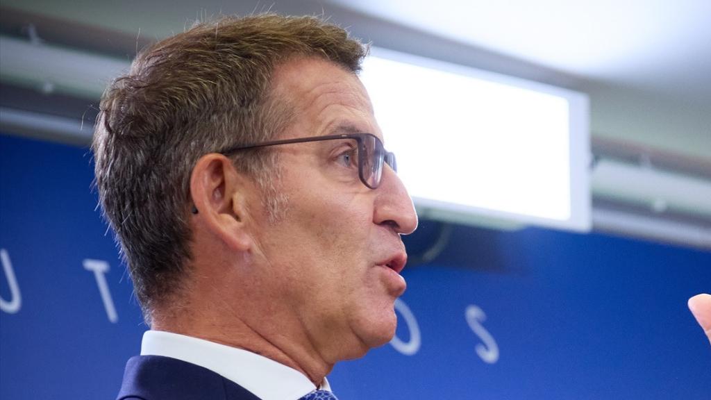 El líder del PP, Alberto Núñez Feijóo, durante la rueda de prenas que ha ofrecido en el Congreso tras su reunión con Sánchez.