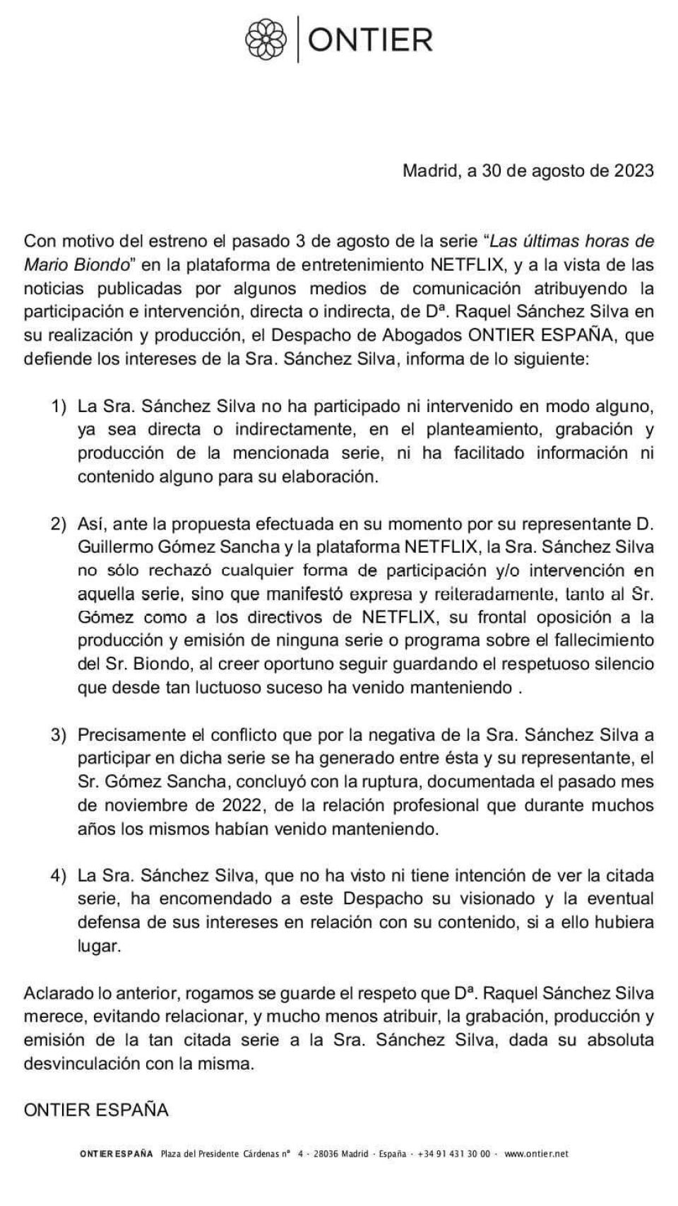 Comunicado de Raquel Sánchez Silva sobre la serie documental de Netflix 'Las últimas horas de Mario Biondo'.