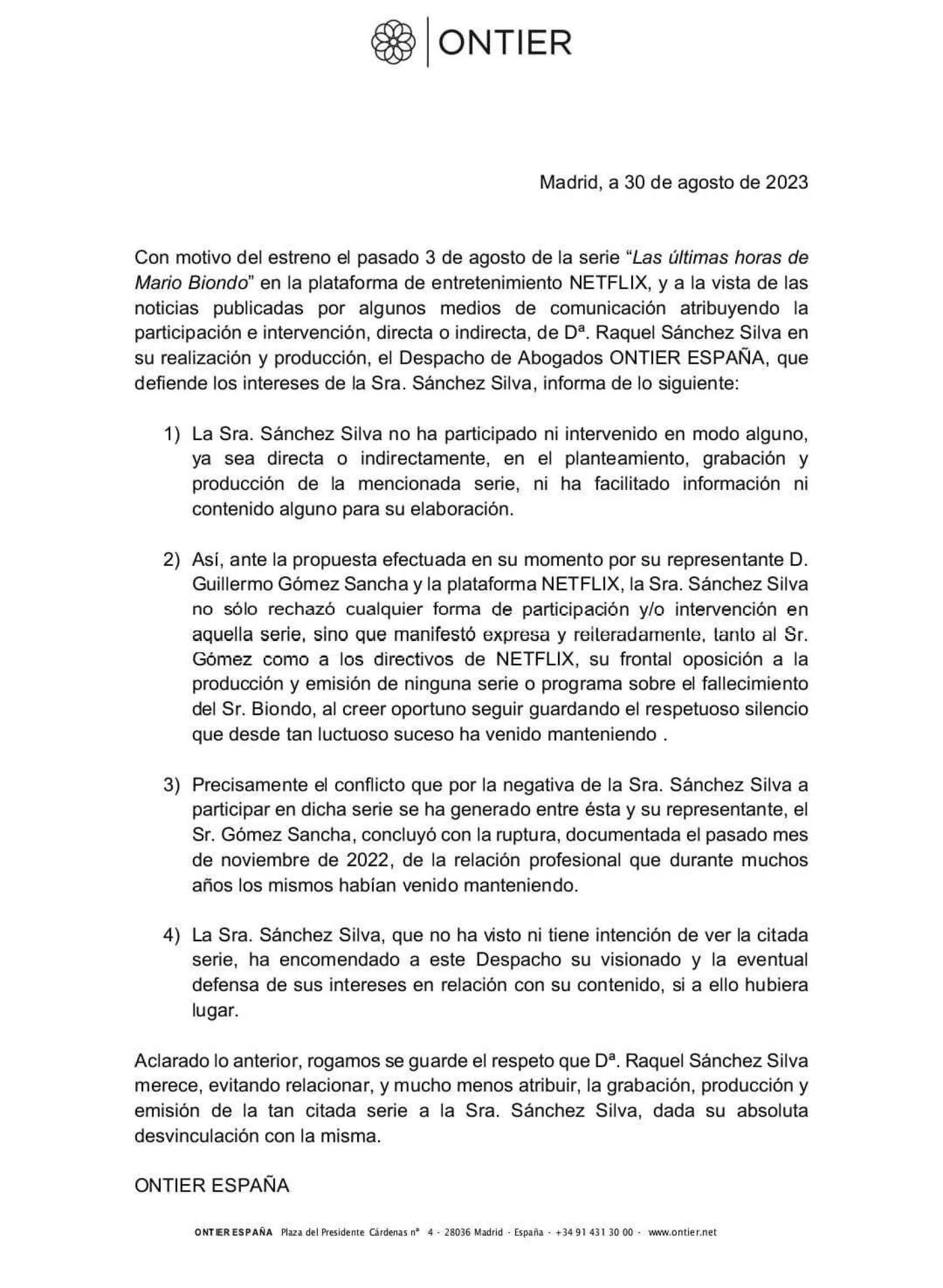 Comunicado de Raquel Sánchez Silva sobre la serie documental de Netflix 'Las últimas horas de Mario Biondo'.