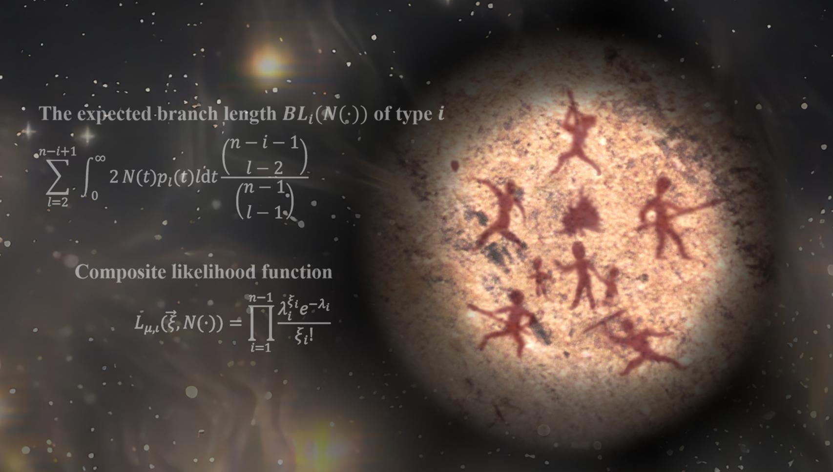 La fórmula del modelo y una pintura que ilustra cómo nuestros antepasados humanos se unen para sobrevivir al peligro desconocido durante el agudo cuello de botella del Pleistoceno.