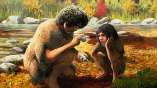 Ilustración de un 'Homo heidelbergensis' haciendo un hacha. Gabriel Ugueto (Universidad de Cambridge)