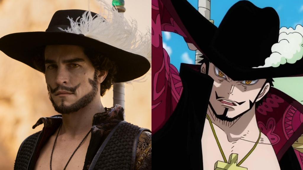Comparación de Dracule Mihawk en el remake y en el anime.