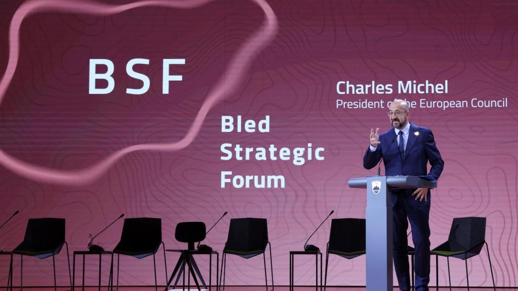 El presidente del Consejo Europeo, Charles Michel, durante su discurso este lunes en Eslovenia sobre la ampliación