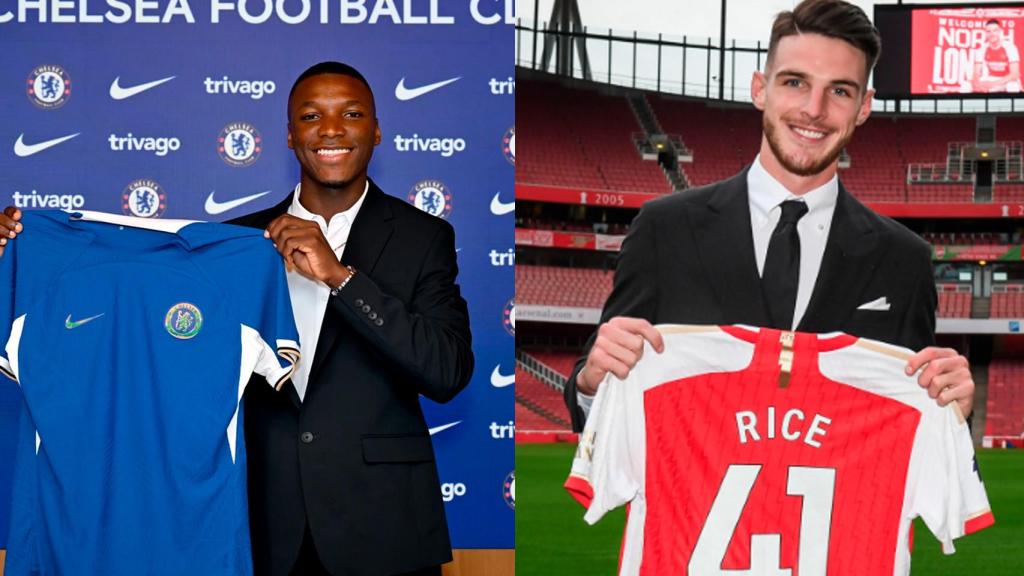Moisés Caicedo y Declan Rice en sus respectivas presentaciones.