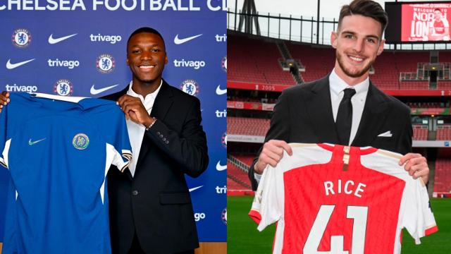 Moisés Caicedo y Declan Rice en sus respectivas presentaciones.