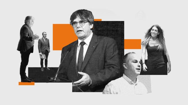 De izquierda a derecha, los colaboradores más estrechos de Carles Puigdemont (en el centro de la imagen):  Albert Batet, Josep Rius, Jordi Turull y Míriam Nogueras.