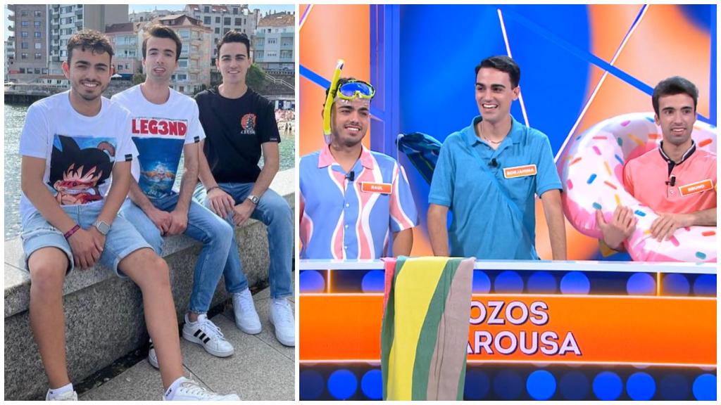 Bruno, Borja y Raúl, a la izquierda vestidos de calle y a la derecha en 'Reacción en cadena'.