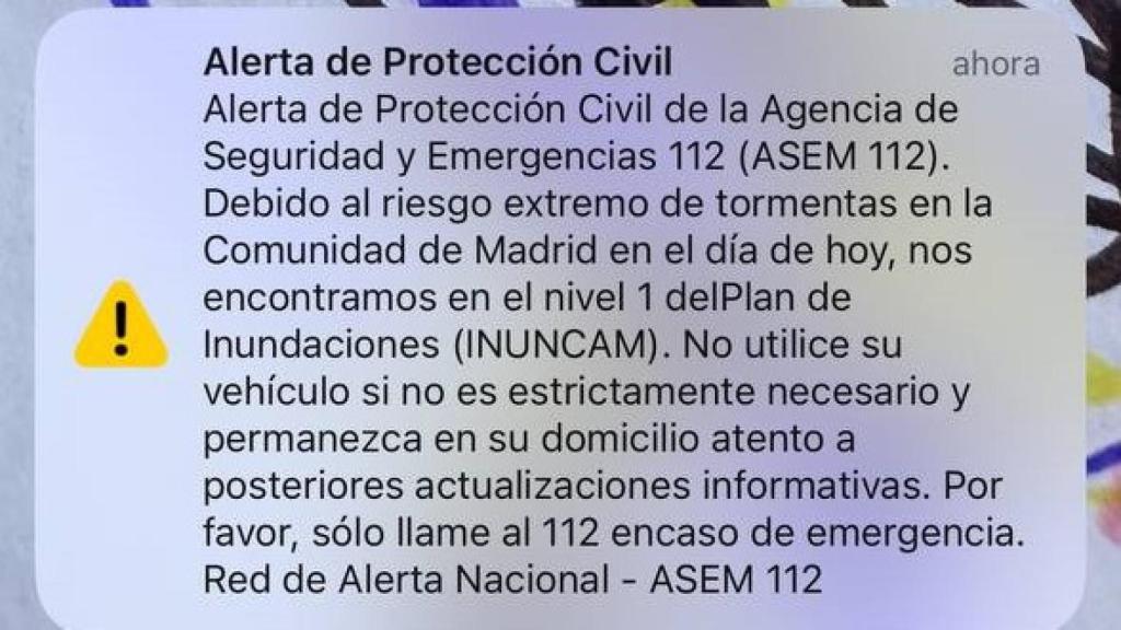 Mensaje recibido en los móviles en la Comunidad de Madrid por la DANA