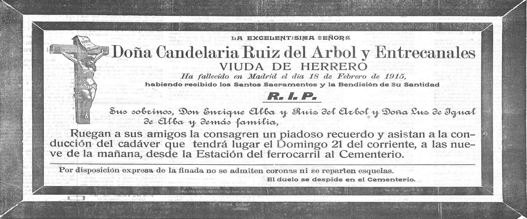 Esquela de Candelaria Ruiz del Árbol