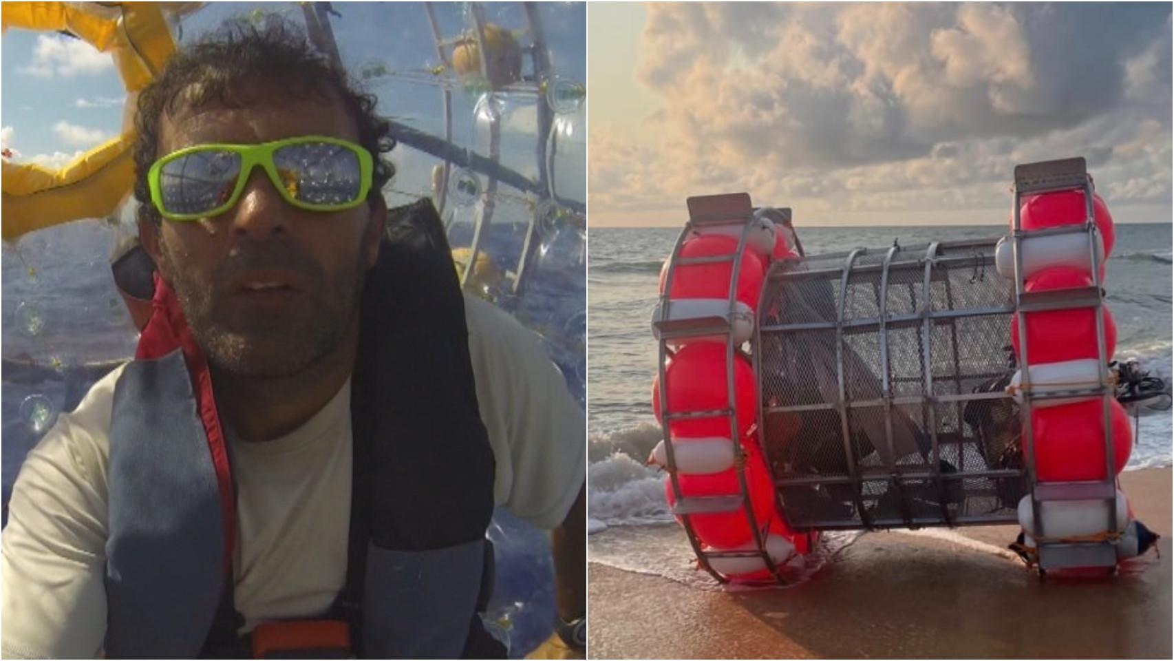 El atleta Reza Ray Baluchi y la rueda de hámster con la que ha tratado de cruzar el Atlántico.