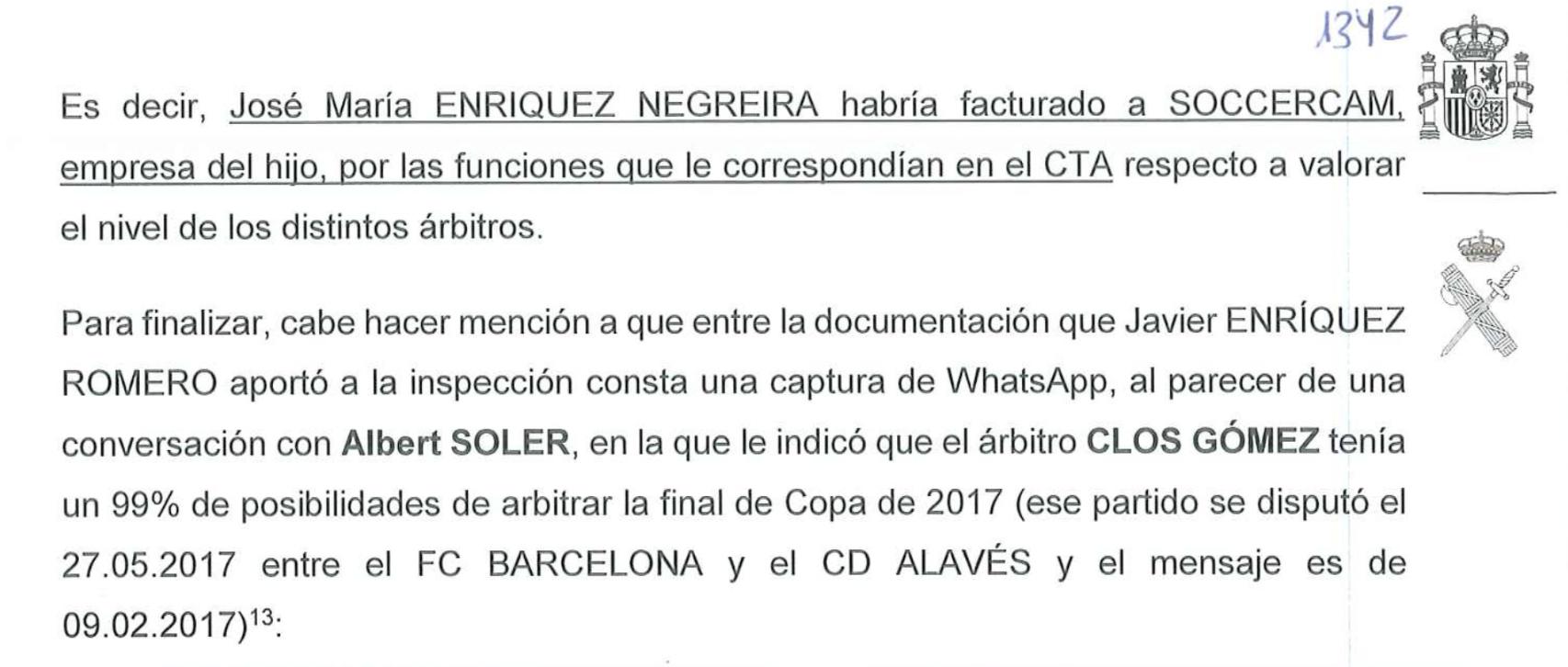 Fragmento del informe de la Guardia Civil sobre el 'caso Negreira'