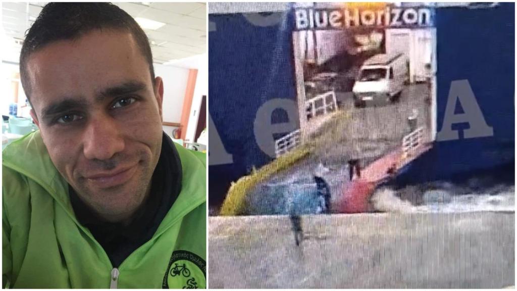 Antonis Kariotis y un fotograma de la escena en la que fue empujado por la tripulación del Blue Horizon.
