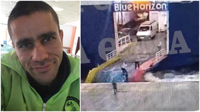 Antonis Kariotis y un fotograma de la escena en la que fue empujado por la tripulación del Blue Horizon.