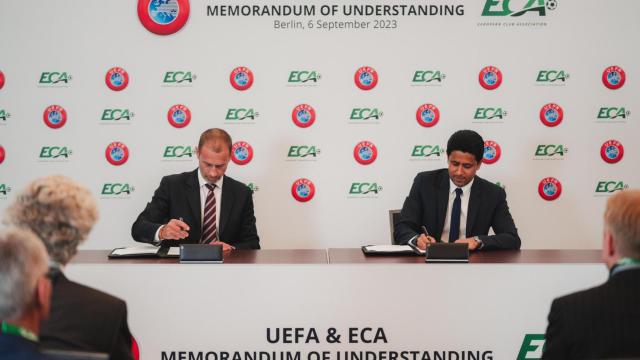 Ceferin y Al-Khelaïfi durante el congreso de la ECA